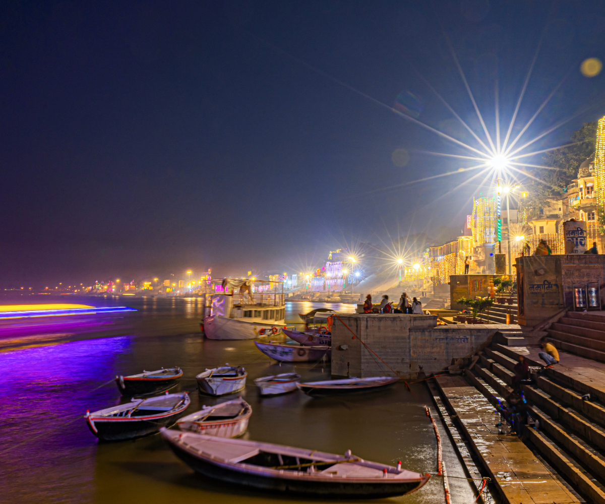 Devotees at the ghats of Varanasi during sunrise